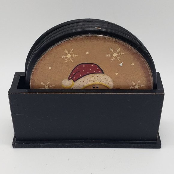 Vintage Wooden Set of 4 Snowman Snowflake Coasters with Holder - Picture 7 of 9